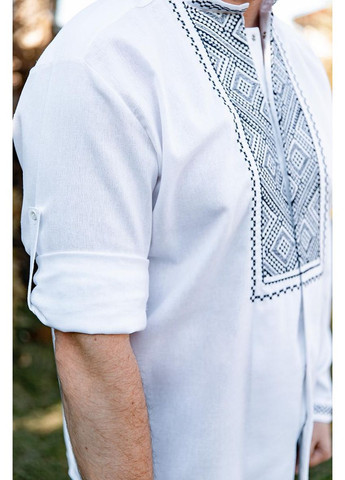 Біла чоловіча вишиванка білого кольору з чорним орнаментом геометрії для стильного образу, 3xl льон (301034723)