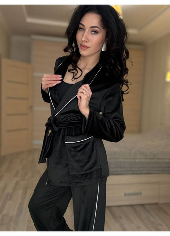 Чорна всесезон піжама 0593 домашній костюм велюр мех з кантом,сорочка на поясі та штани Україна