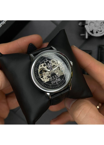Чоловічі годинники Silver-Black механічні стильні для повсякденного використання на шкіряному ремінці. ProDobro (367264136)