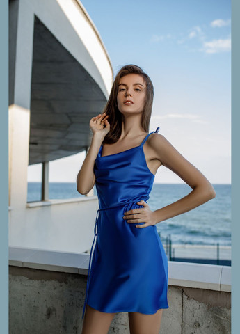 Світло-синя коктейльна шовкова сукня на зав'язках довжина міні сукня-комбінація Fayna однотонна