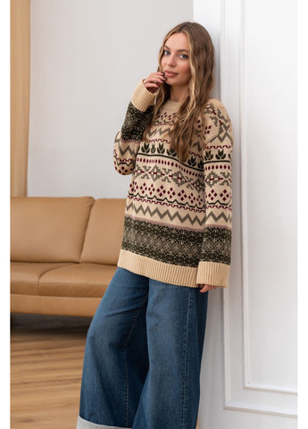 Бежевый женский теплый шерстяной свитер шафран с орнаментом беж с зеленым You Best