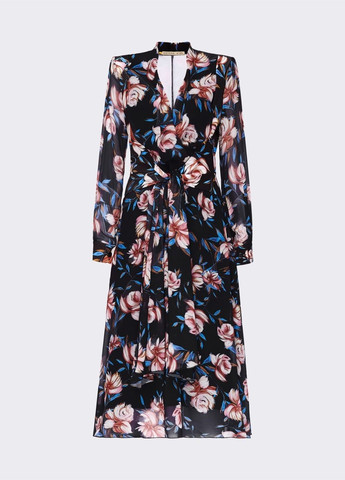 Черное праздничный шифоновое платье с цветочным принтом и лифом на запах черное клеш Dressa с цветочным принтом
