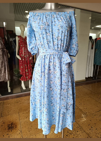 Голубое вечернее летнее мидиплатье на резинке 2 Льва