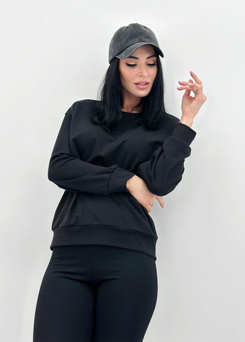 Базовый свитшот из двунитки Fashion Girl - Свободный, Прямой крой однотонный черный спортивный, повседневный, кэжуал двунитка - (290111735)