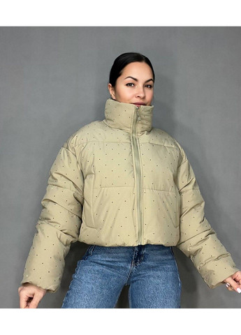 Бежева демісезонна куртка жіноча 7165 укорочена пуффер з розсипом камінців демісезонна без капюшона оверсайз бежева HAIZIYUAN