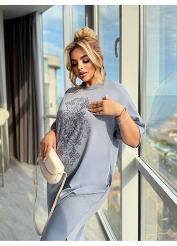 Сіро-голубий повсякденний, святковий жіноча довга сукня оверсайз зі стразами No Brand