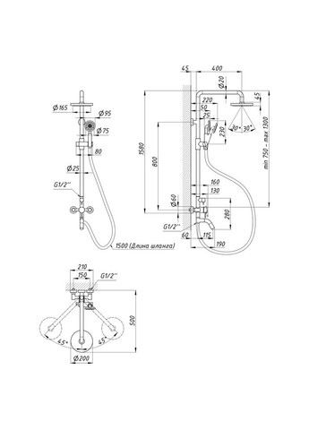 Душова система універсальна Aria 1030, Nickel (k35) на три споживача (з виливом) LIDZ (370289988)