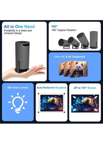 Портативний смарт-проєктор 4K Ultra HD SMART, Android/iOS, Wi-Fi 6, Bluetooth, HDMI, домашній кінотеатр Lucky Day Shop (362210996)