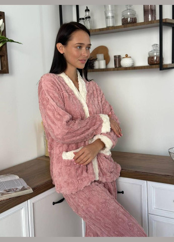 Пудровая всесезон уютная махровая пижама кофта + брюки No Brand