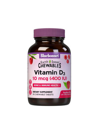 Вітамін D3 400IU, Смак Малини, Earth Sweet Chewables,, 90 жувальних таблеток Bluebonnet Nutrition (333721656)