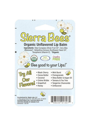 Органічні бальзами для губ, без ароматизаторів, 4 шт. по 4,25 г Sierra Bees (361858737)