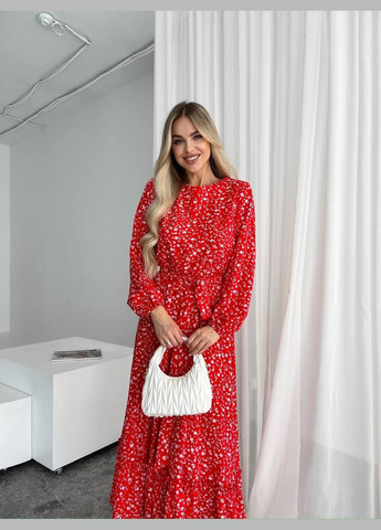 Красное кэжуал женское легкое платье миди клеш Україна с цветочным принтом