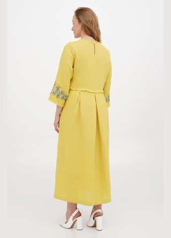Жовтий вільна міді сукня-вишиванка з льону з квітковою вишивкою з кишенями ява., р., код 0268/50/309 ГАЛЕРЕЯ ЛЬОНУ