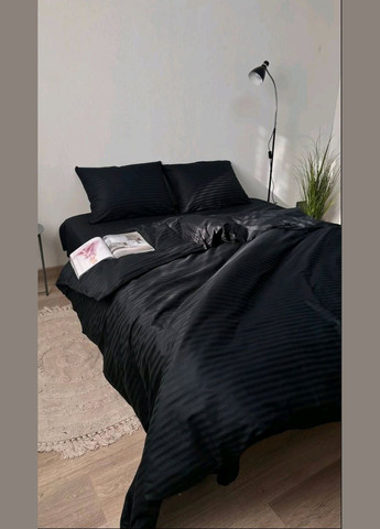 Полуторный комплект постельного белья Страйп Сатин LUX Черный RW (332627539)