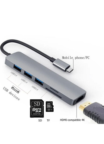 Мультифункціональний USB-хаб 7 в 1, розширювач портів з HDTV, USB 3.0, 2×USB 2.0, кардрідером SD і TF, PD-роз’ємом для зарядки No Brand (364674943)