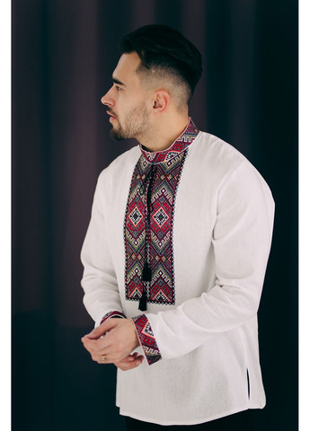 Біла біла чоловіча лляна вишиванка з орнаментом мужність MOTYV візерунок орнамент льон (362003526)