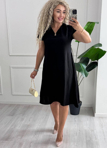 Черное повседневный изысканное легкое летнее платье меди с поясом и короткими рукавами а-силуэт Allthings однотонное