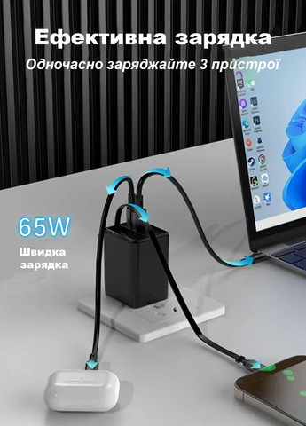 Сетевое зарядное устройство Goethe GaN 65W с выдвижным кабелем USB Type-C и двумя портами USB Type-A USB Type-C No Brand (341526707)