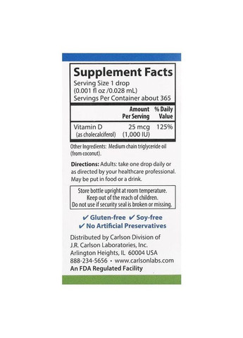 Вітамін Д3 Carlson Vitamin D3 1000 МО 10,3 мл Carlson Labs (370162156)