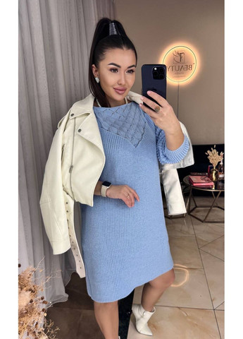 Голубое праздничный, повседневный, кэжуал вязаное платье женское с узором No Brand однотонное