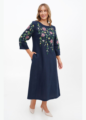 Синя святкова лляна максі сукня-вишиванка з довгим рукавом і квітковою вишивкою іванна., р., код 0346/46/1283 ГАЛЕРЕЯ ЛЬОНУ