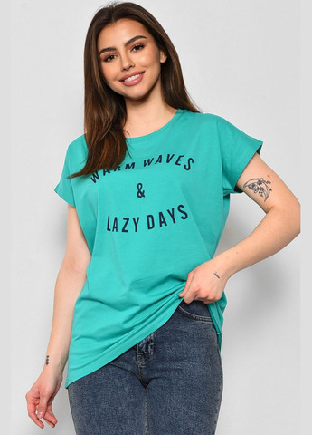 Зелена літня футболка жіноча напівбатальна з написом зеленого кольору Let's Shop