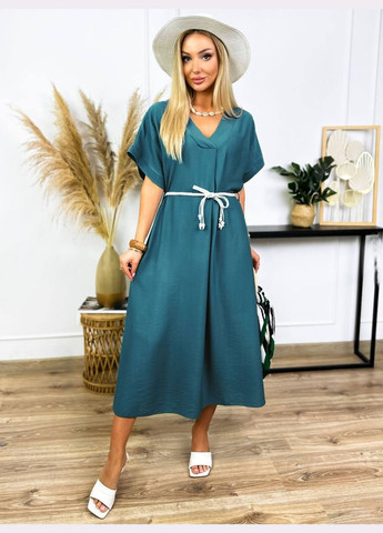 Морской волны лёгкое платье миди креп жатка No Brand