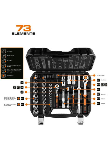Набір інструментів (1/2", 1/4", 73 предметів) торцеві головки з трещіткою (23935) Neo Tools (271960929)