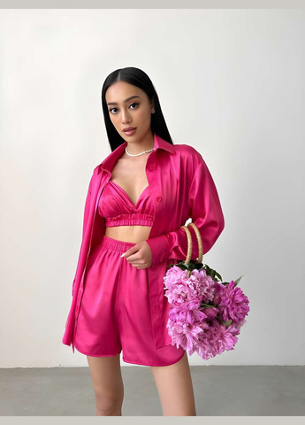 Жіночий якісний літній ніжний зелений костюм у піжамному стилі сорочка короткі шорти і топ No Brand (333143128)