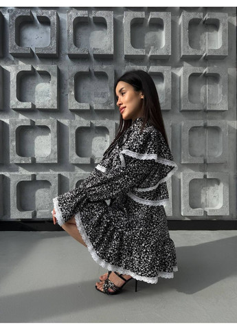 Черно-белое праздничный, деловое, кэжуал женское платье с кружевом а-силуэт Style Point с цветочным принтом