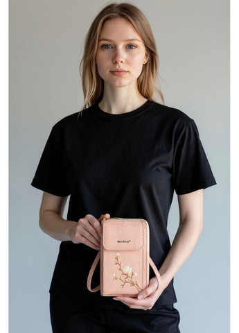 Женская мини сумочка клатч с цветами вышивка для телефона, маленькая сумка кошелек на плечо с цветочками пудровая OEM (360543778)