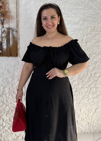 Чорна повсякденний вишукана легка літня повсякденна міді сукня на гудзиках з короткими рукавами ліхтарик Україна однотонна