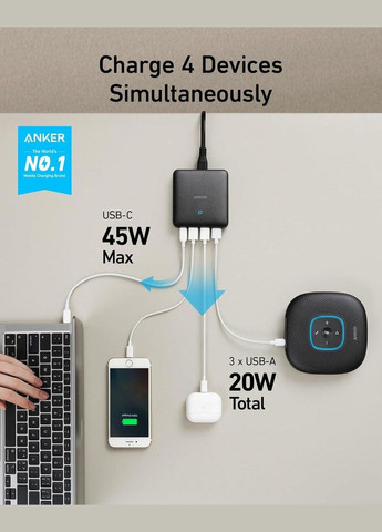 Зарядний пристрій 65W 4 Port Charging Station, PIQ 3.0 & GaN (A2045) Anker (315696432)