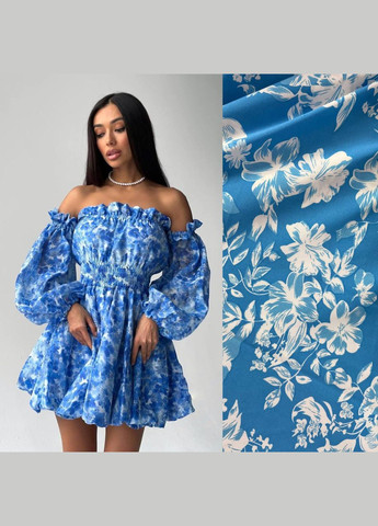 Голубое голубое летнее платье в цветочном принте из качественного софта с длинным рукавом, вечернее короткое платье с открытым декольте No Brand