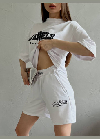 Трендовий білий приємний до тіла літній костюм із турецької віскози розміром 42-46, костюм двійка (шорти+футболка) "Los Angeles" No Brand 1443 (291840073)