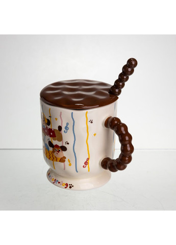 Новорічна порцелянова чашка "Весела Такса" з кришкою та ложкою 400 мл, Святкова кружка чашка для дітей на подарунок FM-17C Yiwu (371346014)