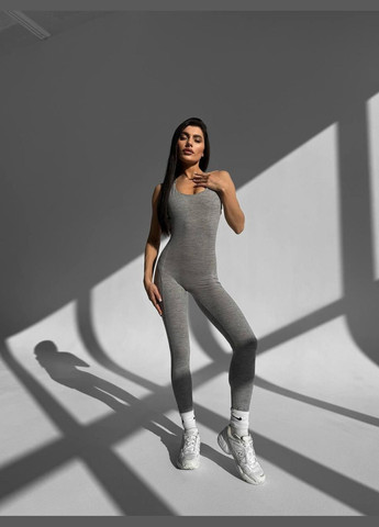 Спортивний комбінезон на тонких бретелях (довгий) з чашками та без пуш-ап, світло-сірого кольору, розмір S Trends комбінезон-брюки однотонний світло-сірий спортивний