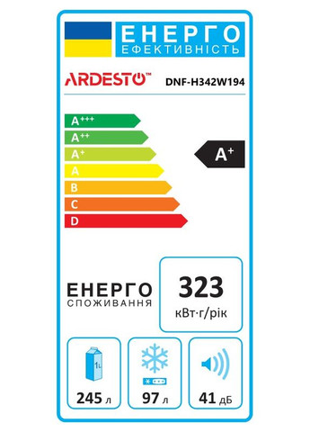 Холодильник DNF-H342W194 з нижн. мороз., 195x60х67, холод.відд.-245л, мороз.відд.-97л, 2дв., А+, NF, диспл зовн., зона св-ті, Ardesto (364275159)