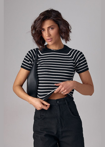 Чорна літня укорочена жіноча футболка в смужку 654322 з коротким рукавом Lurex