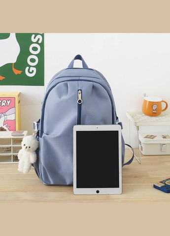 Рюкзак голубовато-синий с серым оттенком с сумочками и пеналом в комплекте с мишкой. КиП (277698341)