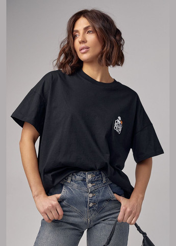 Чорна літня жіноча футболка oversize з вишивкою - чорний Lurex