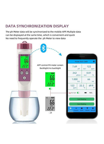 Анализатор качества воды BLE-С600 7 в 1 PH/TDS/EC/ORP/SALINITY/S.G./TEMP комбинированный cмарт Bluetooth Yieryi (347641152)