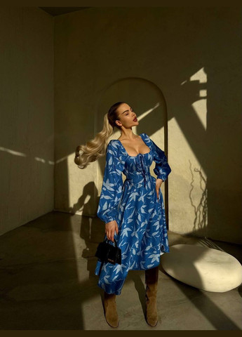 Синя повсякденний жіноча сукня зі шнурівкою Україна з квітковим принтом