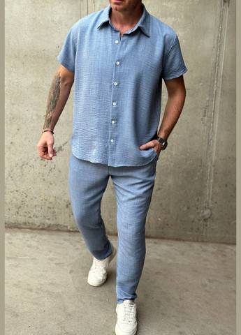 Блакитний літній костюм з сорочкою, брючний Україна UMButik