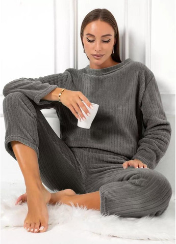 Серая всесезон женская зимняя пижама в рубчик утепленный домашний комплект для сна кофта + брюки теплый набор пижамы для женщин one size свитшот + брюки Cindylove