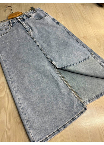 Спідниця жіноча джинсова Liana 421 розсип камінців пряма розріз попереду стрейчева великі розміри блакитна Lian (327308786)