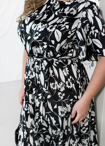 Чорна святковий, повсякденний, коктейльна, вечірня шовкова сукня з поясом в квітковий принт дзвін, а-силует No Brand з квітковим принтом