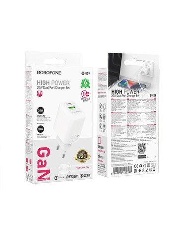 Мережевий зарядний пристрій з кабелем PD30W+QC3.0 charger set (C to iP) (EU) White (6941991120336) Borofone BN29 Fuente (361346829)