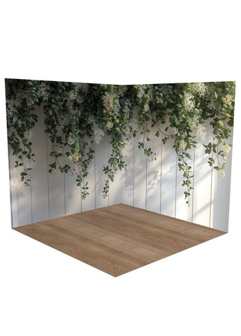 Фон вініловий 3D кутовий, рослинна стіна, коричнева дерев’яна і рейкова підлога для зйомки, 70×70 см, №58460 PhotoVinyl (354377715)