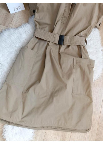 Бежевое короткое платье-рубашка с ремнём Zara